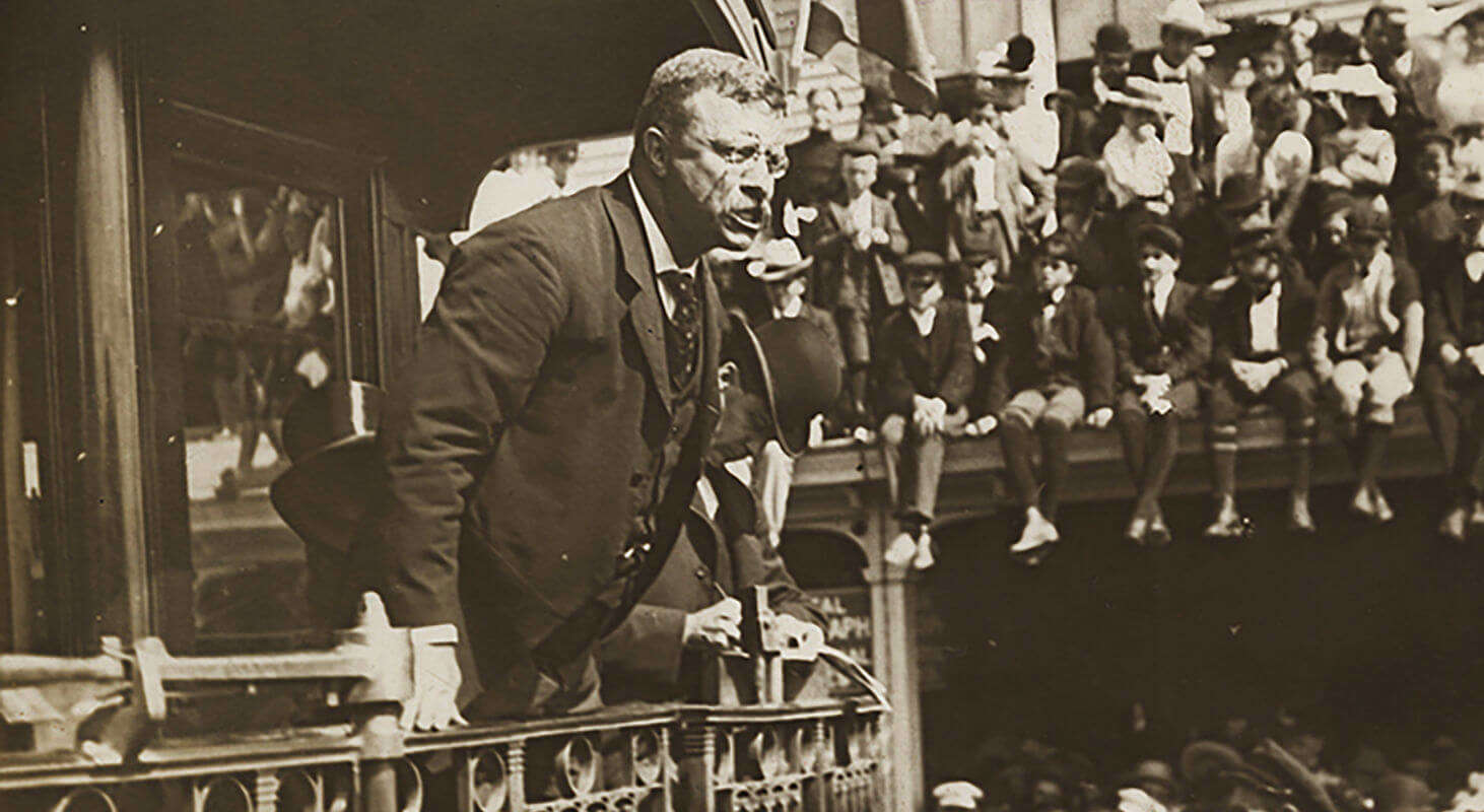 In this photo, US President Theodore Roosevelt is seen delivering an impassioned speech.