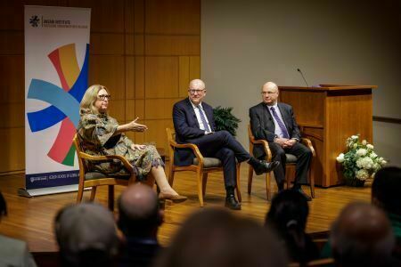 Mary McAleese speaks at a Conversation on Liberal Democracy and the Cathoic Church with Provost John McGreevy and Dean Scott Appleby.