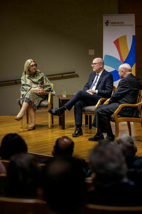 Mary McAleese speaks at a Conversation on Liberal Democracy and the Cathoic Church with Provost John McGreevy and Dean Scott Appleby.