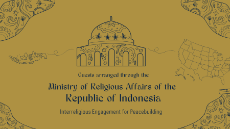 A golden-colored digital banner with an illustration of a mosque and Islamic geometric patterns. The text states that the Ministry of Religious Affairs of the Republic of Indonesia is supporting an initiative related to interreligious engagement for peacebuilding.