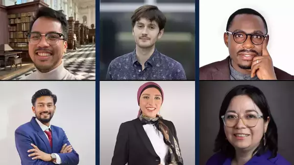 A picture with a grid of 6 headshots. The top row features three men. The top left photo is a man from the Philippines. The top middle is a man from the UK. The top right is a man from Uganda.
The bottom left is a man from India. The bottom middle is a women from Egypt. The bottom right is a woman from Chile.
