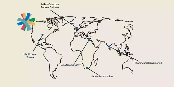 Map of home world with lines marking where each of the six global fellows are based: Andrew Dickson and Jethri Calacday in the UK, Ely Orrego-Torres in the US (Chicago area), Jacob Katumusiime in South Africa, Thahir Jamal Kiliyamannil in India, and Dina Osama Lotfy in Egypt.
