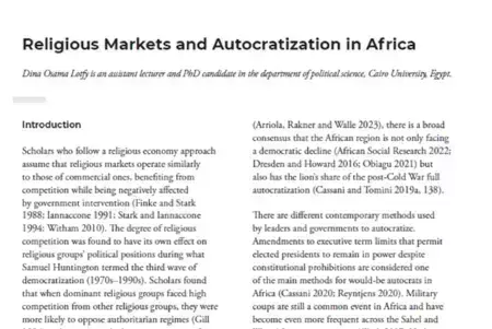 Abstract cover for Dina Osama Lotfy paper "Religious Markets and Autocratization in Africa"