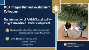 Advertisement for the next Integral Human Development Colloquium. There is a picture of two students sitting at a table with laptop and notebook open. You cannot see their faces as the picture is from above. It appears that one is a female and one a male.