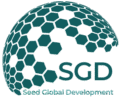 This logo features a teal-colored globe composed of a hexagonal honeycomb pattern that suggests a network or biological structure. The design is accompanied by the bold acronym "SGD" and the full name "Seed Global Development" written in a clean, sans-serif font.